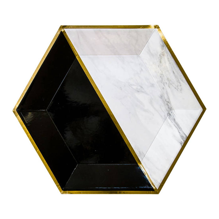 Vanity Black & White Marble Colorblock Large Paper Plates by Harlow & Grey