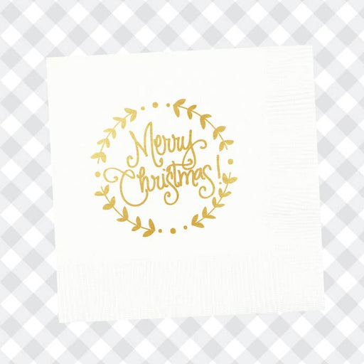 Merry Christmas White and Gold Wreath Cocktail Napkins
