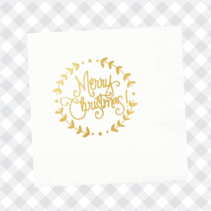 Merry Christmas White and Gold Wreath Cocktail Napkins
