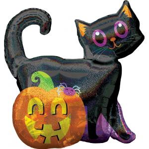 Black Cat/Pumpkin Holographic Foil Shape Balloon 27" x 28"