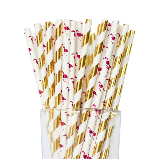 Paper Straws, Metallic Gold Striped and Flamingo, 25/pk